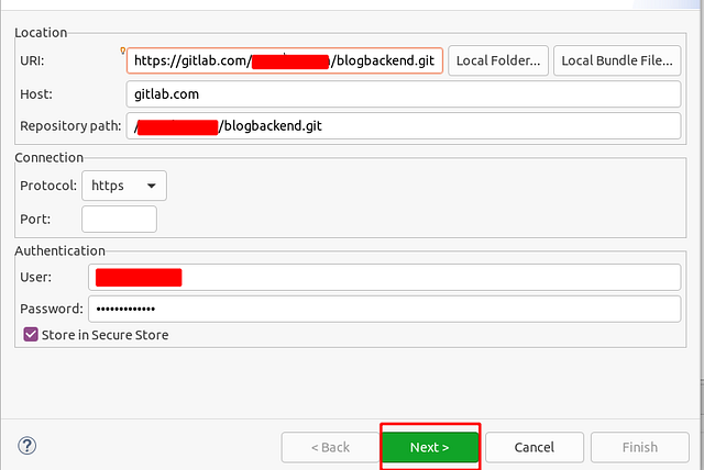Eclipse GitLab repository clone ekleme ekranı