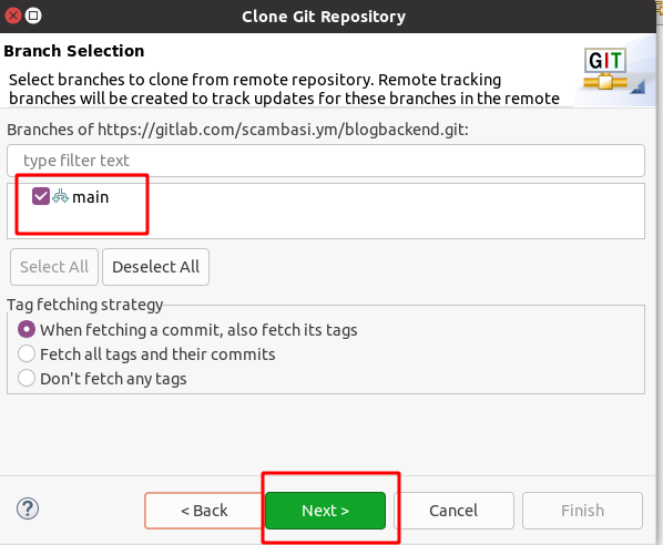 Eclipse Git branch seçimi (main, develop vb.)