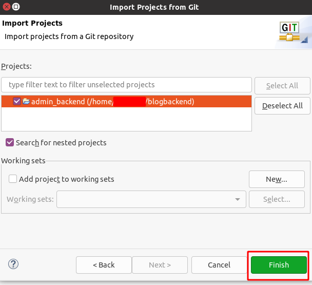 Eclipse import project finish adımı