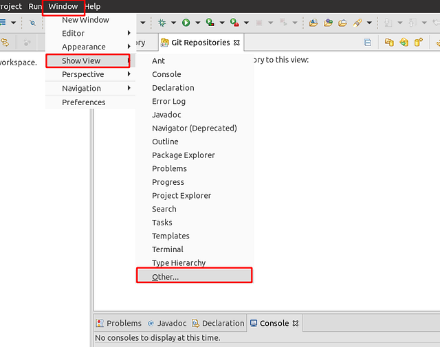 Eclipse Window Show View menüsünden Git Repositories açma