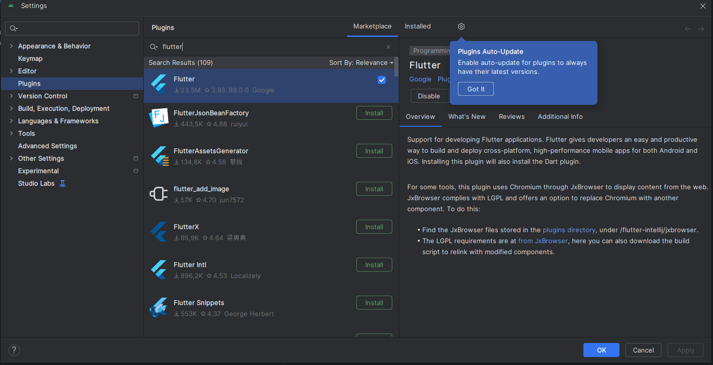 Android Studio Plugins ekranında Flutter eklentisi kurma