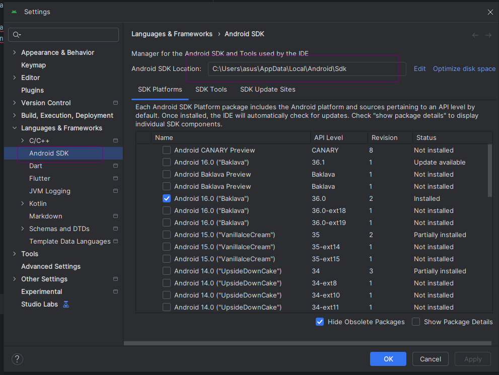 Android Studio Flutter SDK path ayarlama ekranı