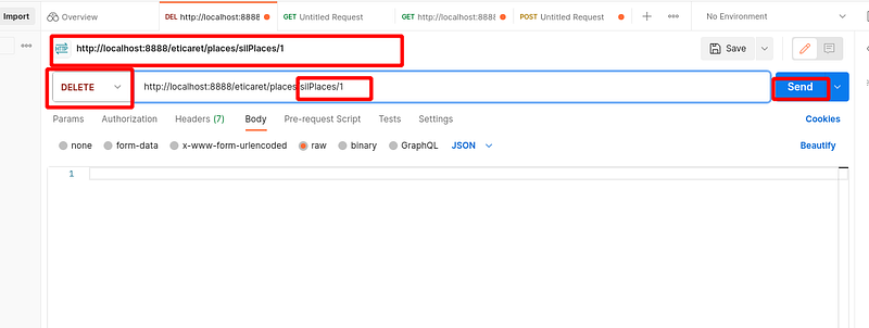 Postman DELETE isteği ekranı