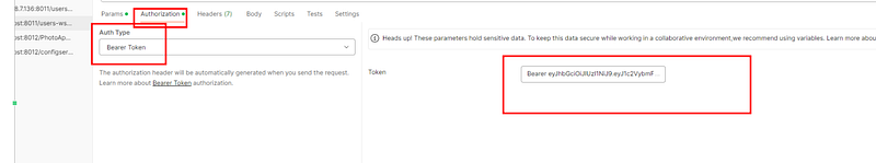 Postman JWT Bearer Token ekleme ekranı