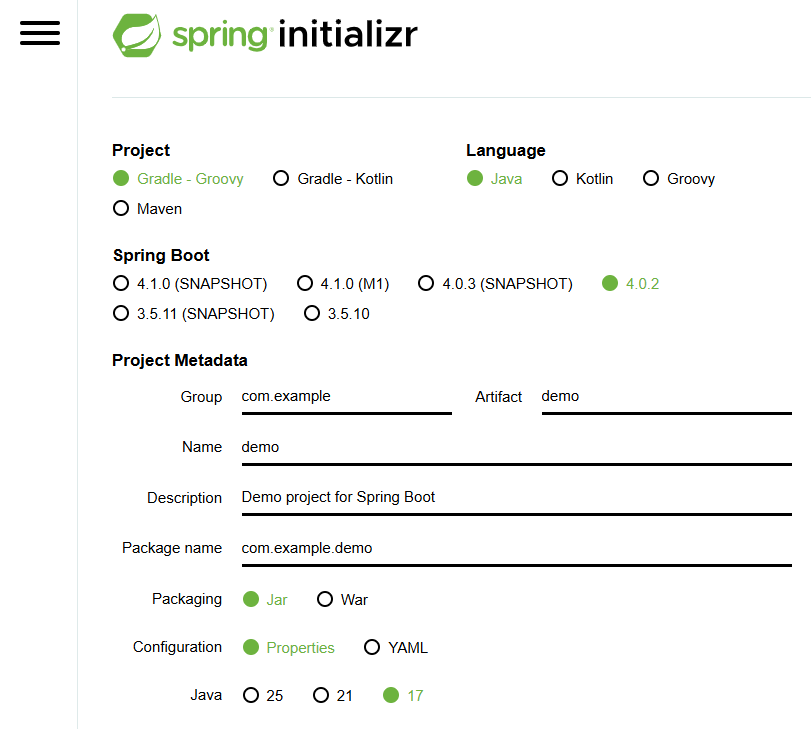 Spring Initializr web arayüzü
