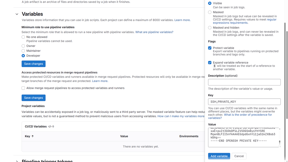 GitLab'da SSH_PRIVATE_KEY oluşturma ekranı